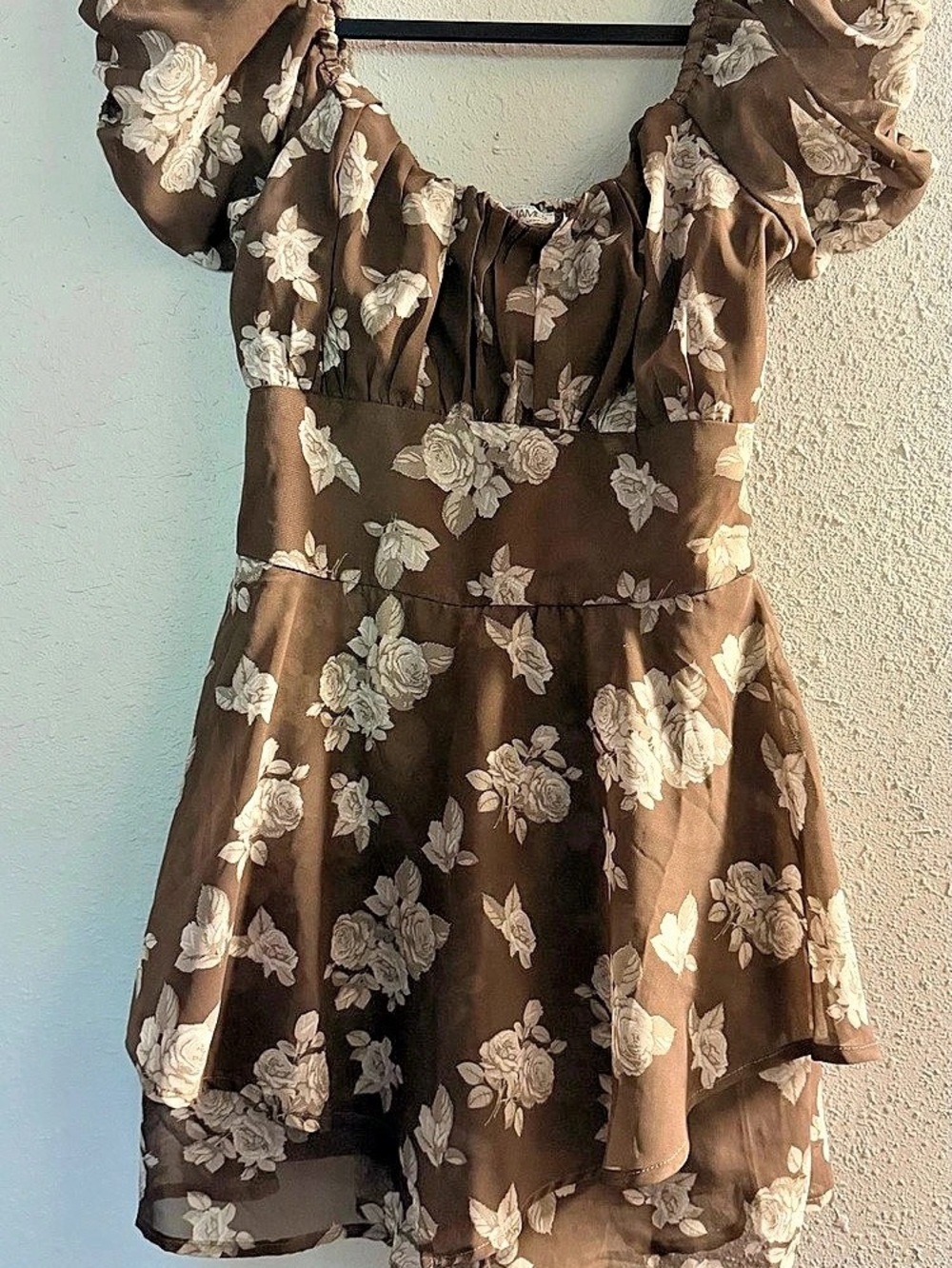 Floral Puff Sleeve Mini Dress in Brown & White